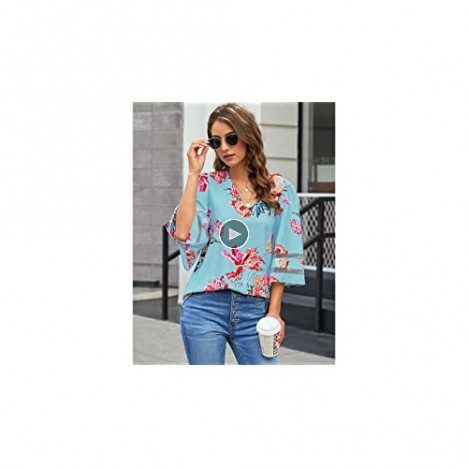 LookbookStore Women's V Neck Floral Printed Mesh Patchwork Blouse 3/4 Bell Sleeve Loose Summer Top Shirt Salmon Size Small