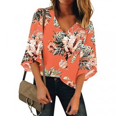 LookbookStore Women's V Neck Floral Printed Mesh Patchwork Blouse 3/4 Bell Sleeve Loose Summer Top Shirt Salmon Size Small