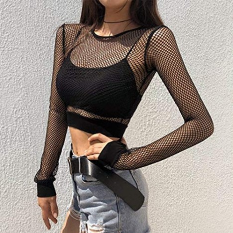 LXXIASHI Casual Women's Long Sleeve Mesh Crop Top Sexy Slim Pullover See-Through Fishnet T-Shirt Blouse