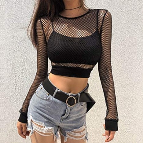 LXXIASHI Casual Women's Long Sleeve Mesh Crop Top Sexy Slim Pullover See-Through Fishnet T-Shirt Blouse