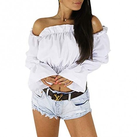 LYANER Women's Off Shoulder Ruffle Trim Puff Long Sleeve Tube Crop Blouse Shirt Top