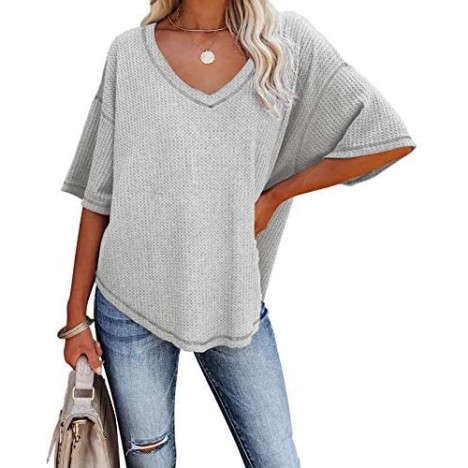 MEROKEETY Women's V Neck Batwing Half Sleeve Shirts Waffle Knit Loose Blouse Solid Color Tops