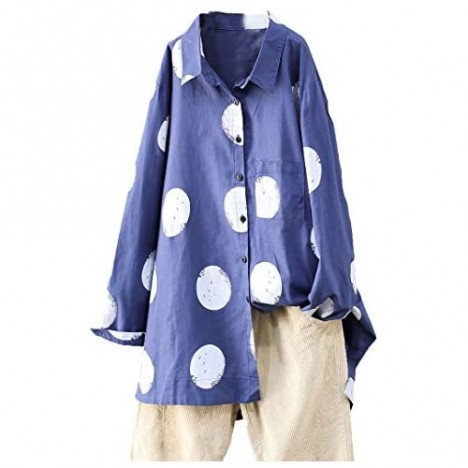 Minibee Women's Button Down Tunic Tops Polka Blouse Cotton Shirt