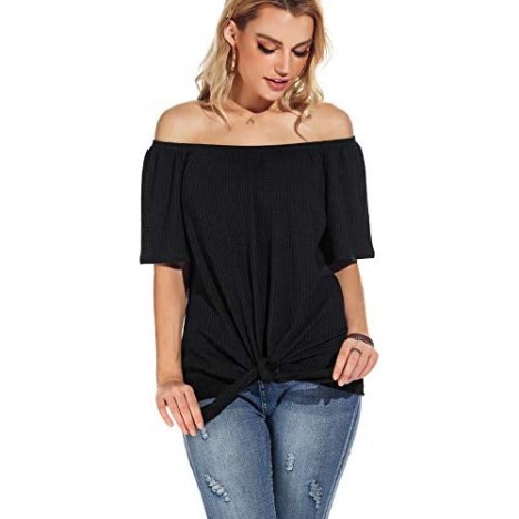 Neineiwu Womens Waffle Knit Off The Shoulder Tops Casual Short Sleeve Blouses Summer Tie Knot Loose T-Shirt