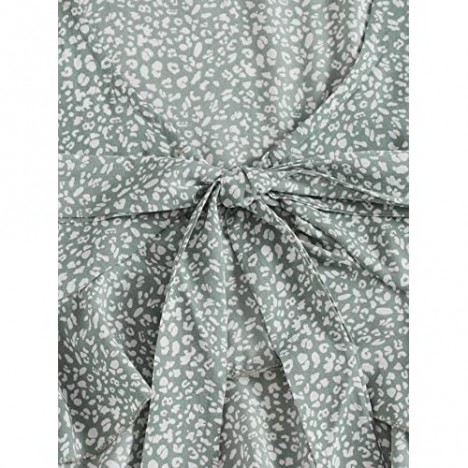Romwe Women's Allover Print Short Sleeve Tie Knot Front Ruffle Peplum Crop Tops Blouse