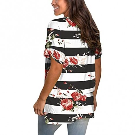 SAMPEEL Womens Floral Tops Short Sleeve V Neck Tee T Shirt Printed Side Split Tunic
