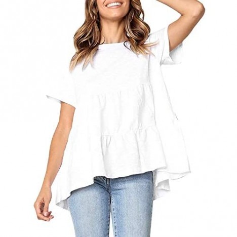 Sanifer Women's Peplum Tops Summer Short Sleeve Ruffle Loose Shirt Blouse