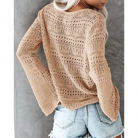 Saodimallsu Womens Boho Off Shoulder Sheer Crop Tops Bell Sleeve Flowy Oversized Crochet Ruched Pullover Sweaters