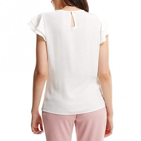 SheIn Women's Summer Ruffle Short Sleeve Lace Chiffon Blouse Workwear Top Shirts