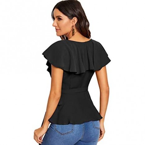 SOLY HUX Women's Ruffle Hem Bow Tie Wrap Knotted Blouse V Neck Peplum Sexy Top