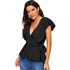 SOLY HUX Women's Ruffle Hem Bow Tie Wrap Knotted Blouse V Neck Peplum Sexy Top