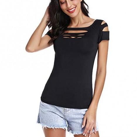 Suimiki Women's Cut Out Trendy Party Short Sleeve Shirt Stretchy Blouse Casual Top
