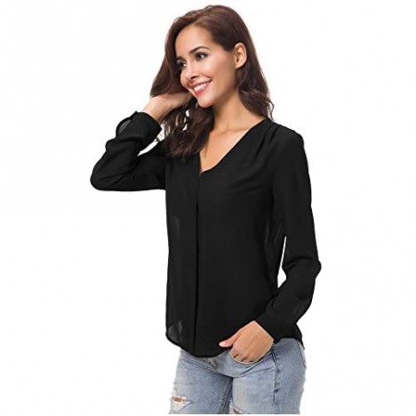Urban CoCo Womens V Neck Ruffled Shoulder Business Causal Chiffon Blouse Button Down Shirts