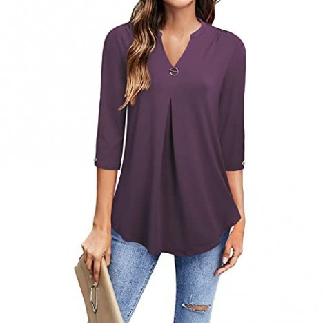 VALOLIA Women's Summer V Neck Blouse Tops 3/4 Sleeve Casual Workwear Loose Shirts