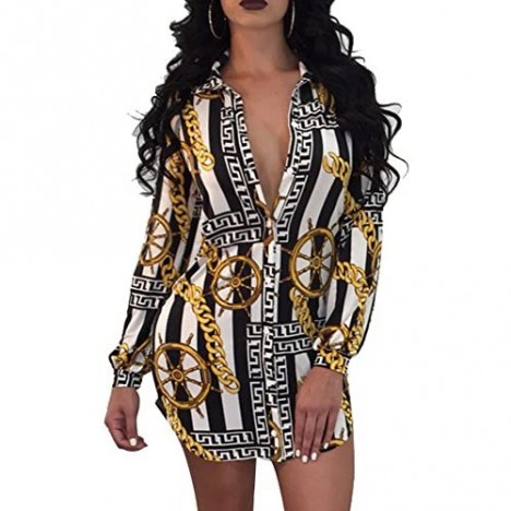 Women's Sexy Floral Print Simple Button Down Long Sleeve Collar Loose T-Shirt Blouse Tops Mini Dress