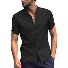 COOFANDY Men's Cotton Linen Shirt Regular Fit Short Sleeve V Neck Button Down Summer Shirt Beach T Shirts