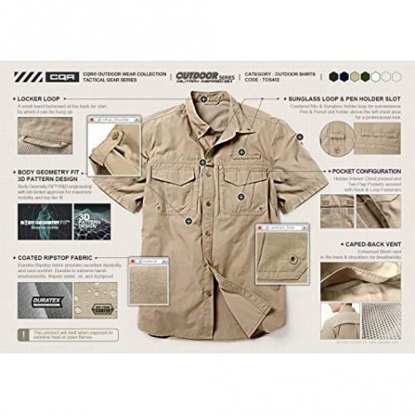 CQR Men's Short Sleeve Work Shirts Ripstop Military Tactical Shirts Outdoor UPF 50+ Breathable Button Down Hiking Shirt