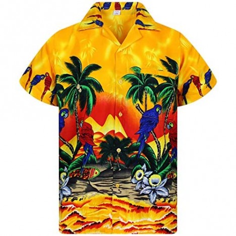 Funky Hawaiian Shirt Men Shortsleeve Frontpocket Hawaiian-Print Parrot Flowers
