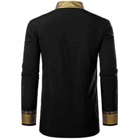 LucMatton Men's African Dashiki Luxury Metallic Gold Printed Mandarin Collar Shirt