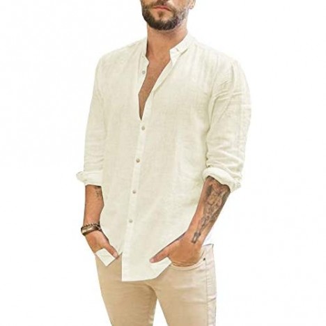 Makkrom Mens Linen Button Down Shirt Long Sleeve Casual Cotton Hippie Beach Wedding Shirts