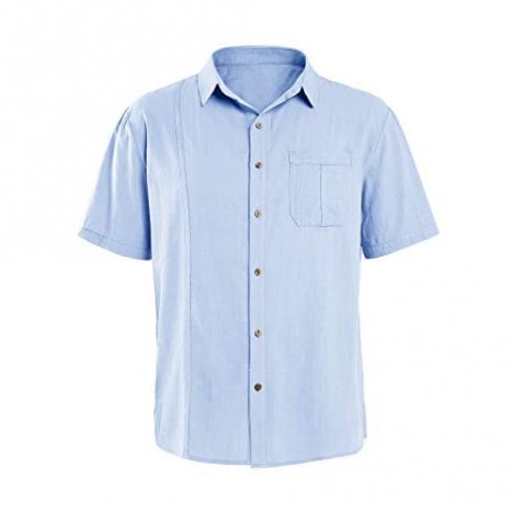 Mens Linen Cuban Guayabera Shirt Short Sleeve Casual Summer Lightweight Beach Loose Fit Tops