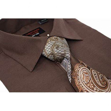 Christopher Tanner Men's Solid Square Pattern Regular Fit French Cuffs Dress Shirts with Tie Hanky Cufflinks Combo