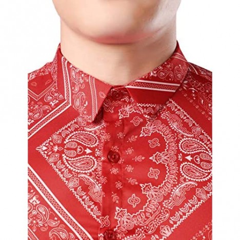 JOGAL Men's Paisley Bandana Print Long Sleeve Button Down Dress Shirts
