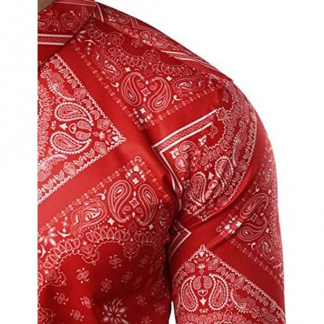 JOGAL Men's Paisley Bandana Print Long Sleeve Button Down Dress Shirts
