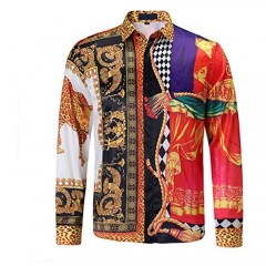 Mens Luxury Brand Printed Silk Like Satin Button Down Dress Shirt for Party Prom Long Sleeve Slim Fit Floral Nightclub Shirt