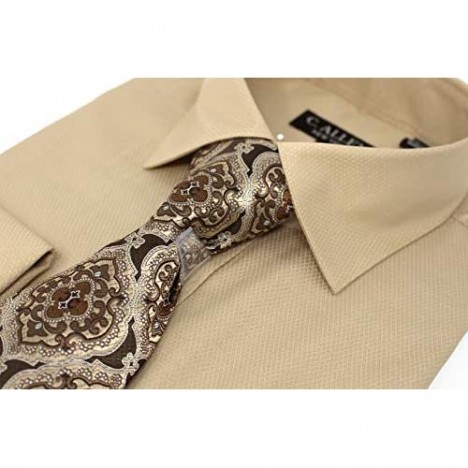 Men's Solid Micro Pattern Regular Fit Dress Shirts with Tie Hanky Cufflinks Combo French Cuffs