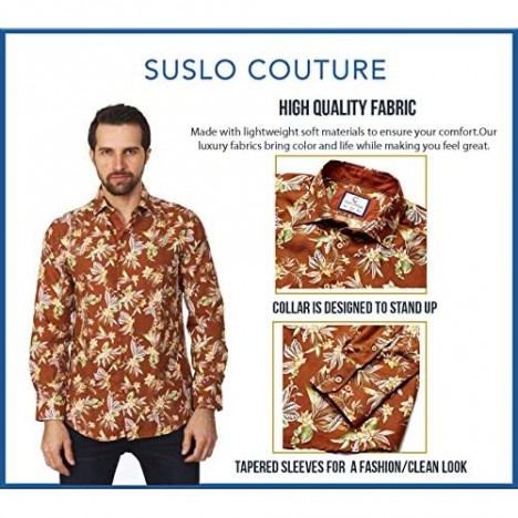 Suslo Couture Men's Floral Designer Printed Long Sleeve Casual Wrinkle-Free Party Button Down Slim Fit Dress Shirts