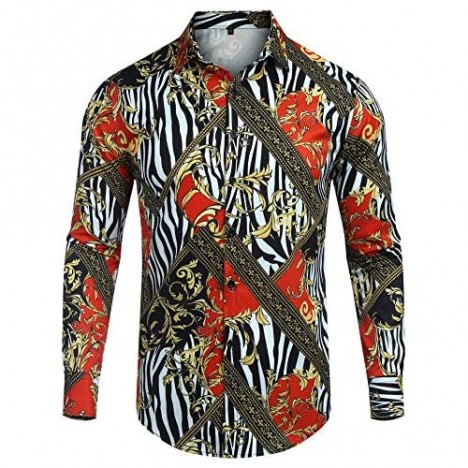 URRU Mens Long Sleeve Luxury Design Print Dress Shirt Slim Fit Casual Fashion Button Down Shirts S-XXL