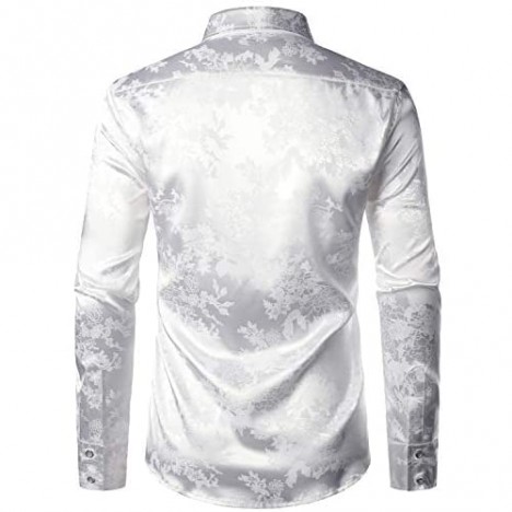 ZEROYAA Men's Shiny Satin Rose Floral Jacquard Long Sleeve Button Up Dress Shirts for Party Prom