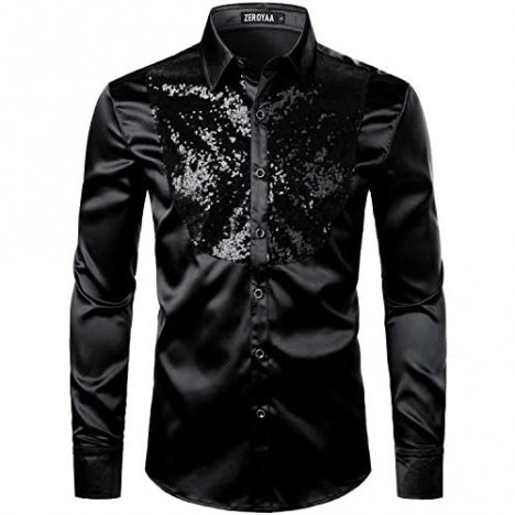 ZEROYAA Men's Shiny Sequins Design Silk Like Satin Button Up Disco Party Dress Shirts with Bow Tie