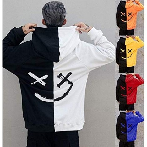 Abendedian Men's Casual Smile Face Colorblock Hoodies Print Long Sleeve Sweatshirt Fashion Hip-Hop Pullover Couple T-Shirt