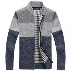 chouyatou Men's Classic Band Collar Full Zip Color-Block Stripe Cable Knitted Cardigan Sweater Coat