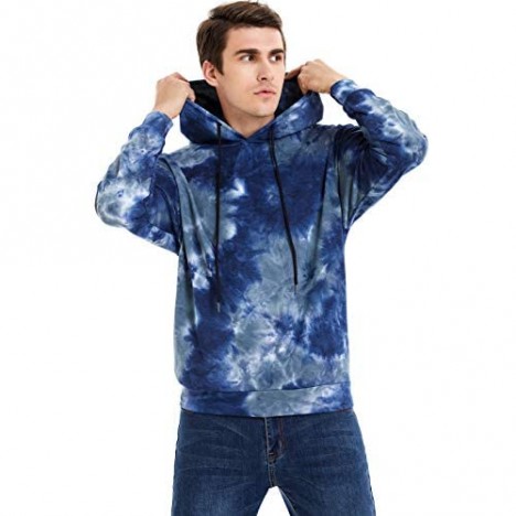 iniber Men's Hooded Sweatshirt Pullover Hoodie Long Sleeve Shirts Casual Tie Dye Print Top with Pockets Plus Size