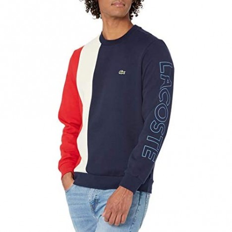 Lacoste Men's Long Sleeve Thick Stripe Colorblock Wording Crewneck Sweatshirt