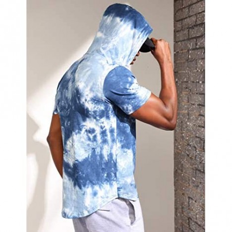 Men’s Short Sleeve Workout Hoodies Tie-Dye Gym Hoodies Cotton Muscle T-Shirt
