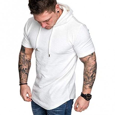 Prekeewil Mens Fashion Athletic Shirts Hoodies Sport Sweatshirt Solid Color Short Sleeve Gym Workout Muscle T Shirt