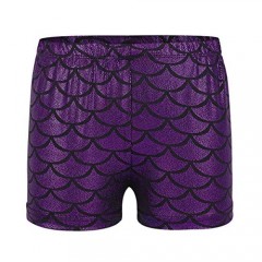 Agoky Kids Girls Shiny Fish Mermaid Scales Printed Dance Gymnastic Workout Shorts