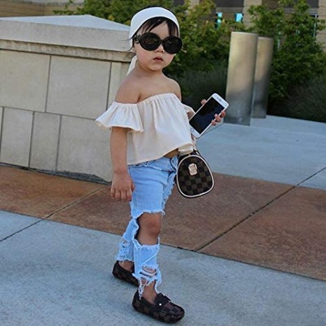 3Pcs Toddler Girl Sunflower Off Sloulder Top Ruffle Blouse + Blue Ripped Long Jeans + Yellow Bowknot Headband Sets