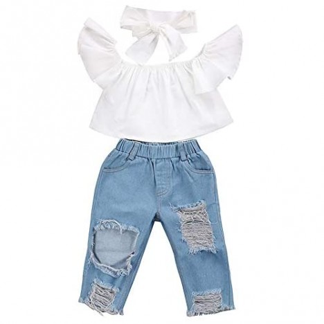 3Pcs Toddler Girl Sunflower Off Sloulder Top Ruffle Blouse + Blue Ripped Long Jeans + Yellow Bowknot Headband Sets