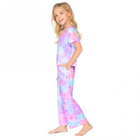 Arshiner Girls Tie dye Outfits 2 PCS Short Sleeve Tops Clothing Sets Loungwear for Girl 4-13Y
