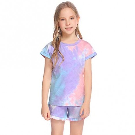 Greatchy Girls Tie Dye Shorts Set Summer Clothes Cotton Short Sleeve Pullover Top + Elastic Waist 2Pcs Set Outfit