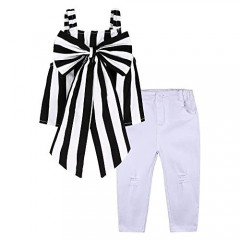 Kids Baby Girl 2Pcs Outfit Set Black Striped Bowknot Top White Jeans Long Pants