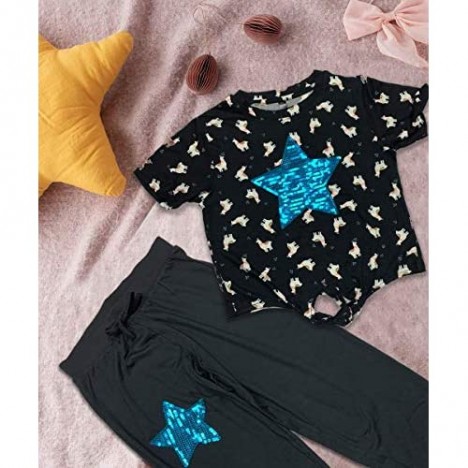 MISS POPULAR 6-Piece Set Girls Kids Sequins Applique Short Sleeve Tie Front T-Shirt with Jogger Pants Size 7-16