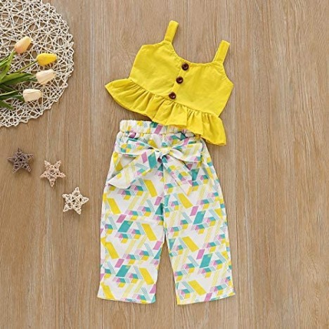 Toddler Kids Girls Ruffle Strap Tank Tops+Geometric Wide Leg Pants Outfit Summer Clothes Two Piece Set