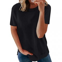 Acelitt Women Ladies Summer Crewneck Short Sleeve Casual Loose 2021 Comfy Soft Solid T Shirts Blouses Tops Tunic Tees for Women Black XL