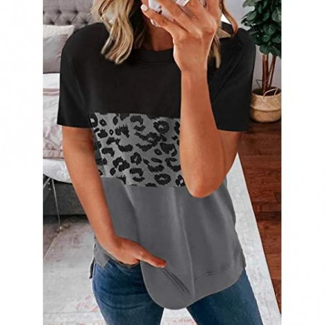 Acelitt Women Ladies Summer Round Neck Short Sleeve Casual Loose 2021 Comfy Soft Color Block Leopard Print T-Shirts Blouses Tops Tunic Tees for Women Black XL